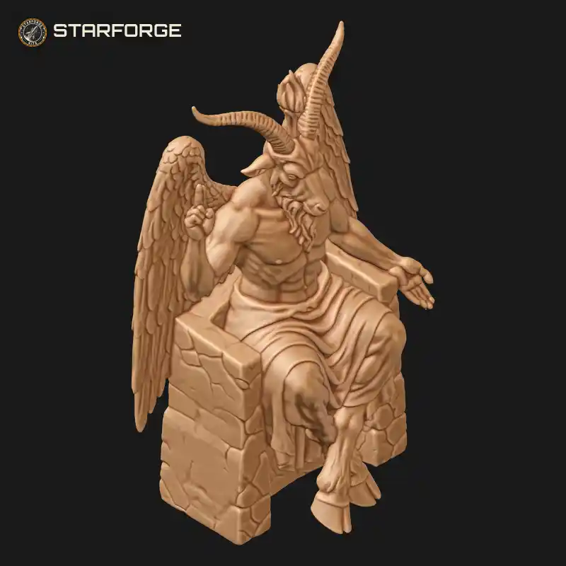 Three Quarter View of Winged Goat-Headed Baphomet Seated on Cracked Stone Throne with Raised Blessing Hand Character Dark Fantasy Realistic 3D Print STL File