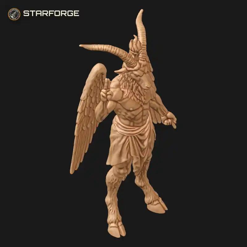 Three Quarter View of Winged Goat-Headed Demon with Raised Two-Finger Blessing Flame Crown and Draped Loincloth Character Dark Fantasy Realistic 3D Print STL File